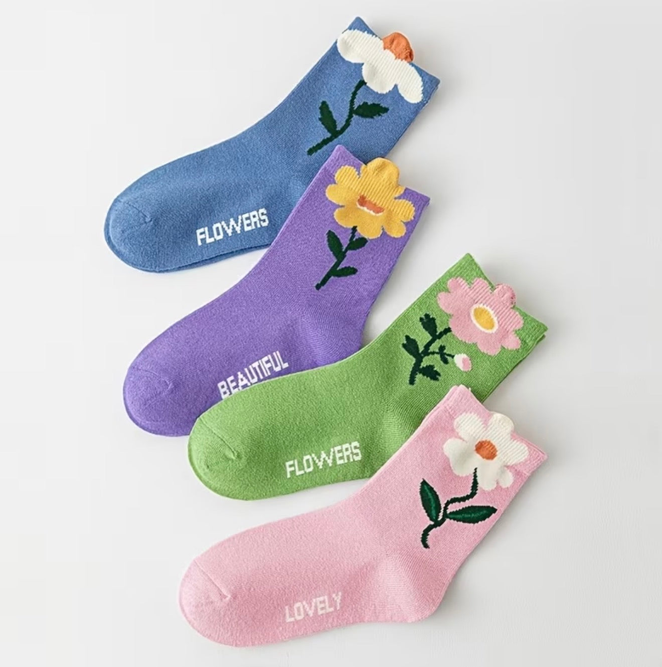 Girls Floral Mid-Calf Socks, 4 Pairs, All Seasons, Colorful Flower Design