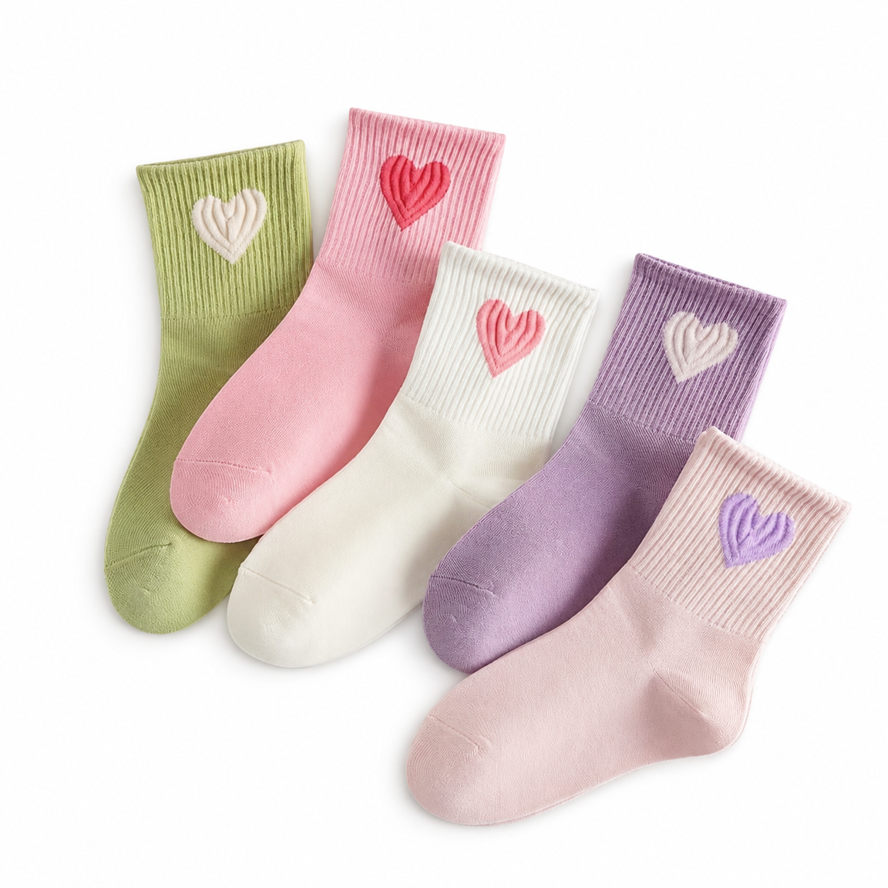 Ribbed Crew Socks with 3D Heart Design, Pastel Colors, 5-Pack, Pink Purple Green Cream