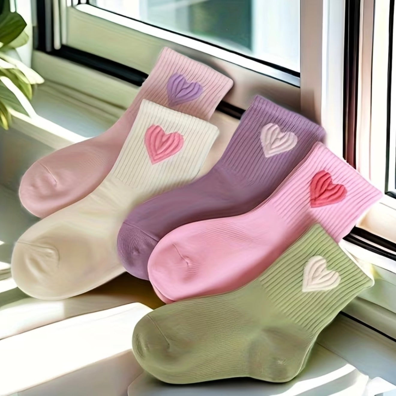 Ribbed Crew Socks with 3D Heart Design, Pastel Colors, 5-Pack, Pink Purple Green Cream