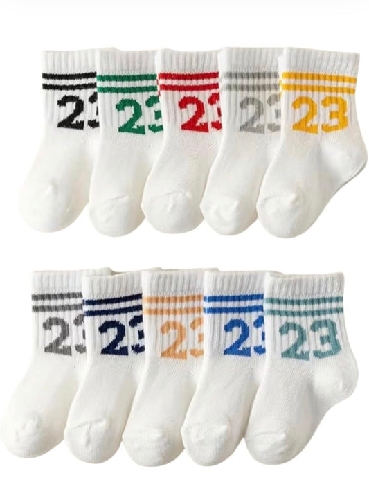 Kids' Number 23 Striped Crew Socks, White, Multicolor Accents, Casual Athletic Style, 10-Pack