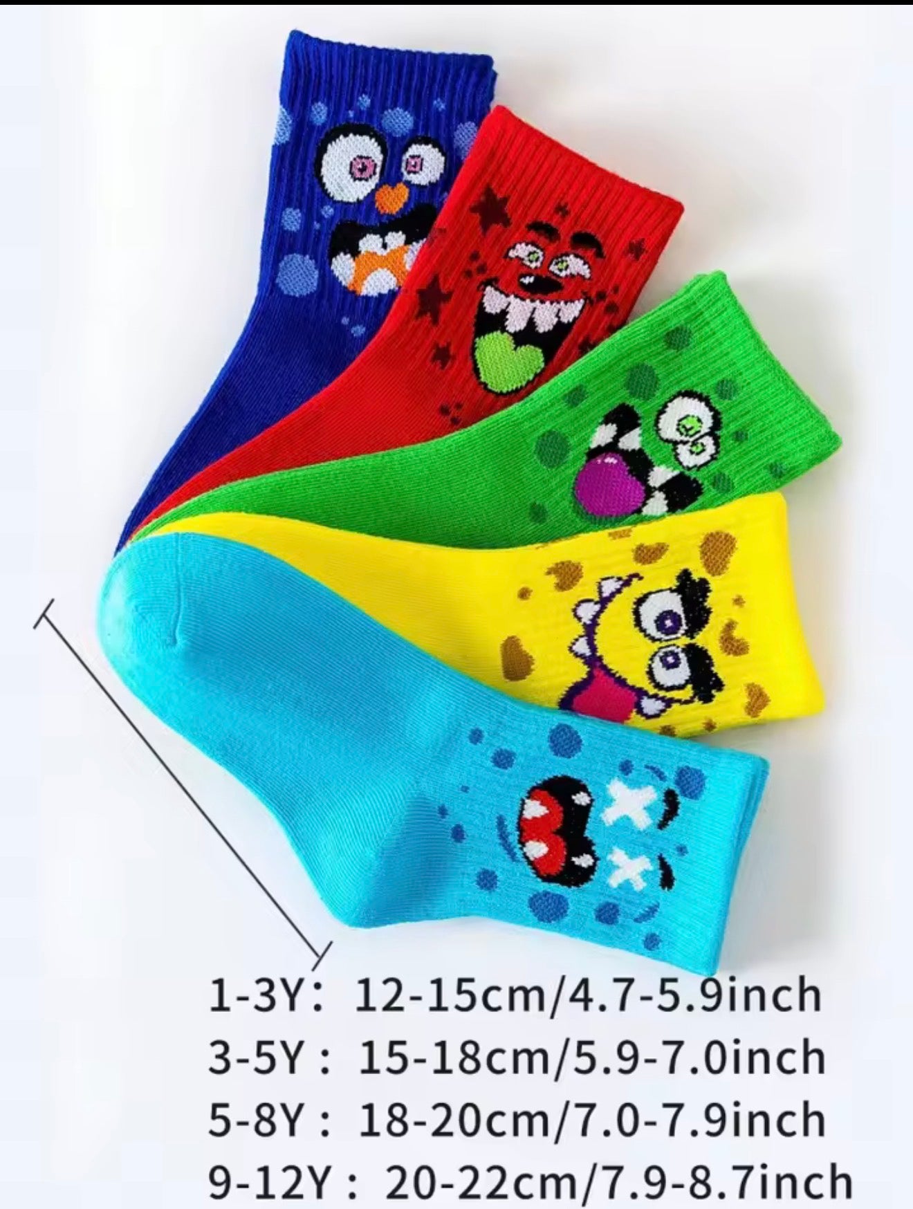 Kids Funny Monster Face Crew Socks, Multicolor, 5 Pairs, Toddler Boys and Girls, All Season Sports Socks