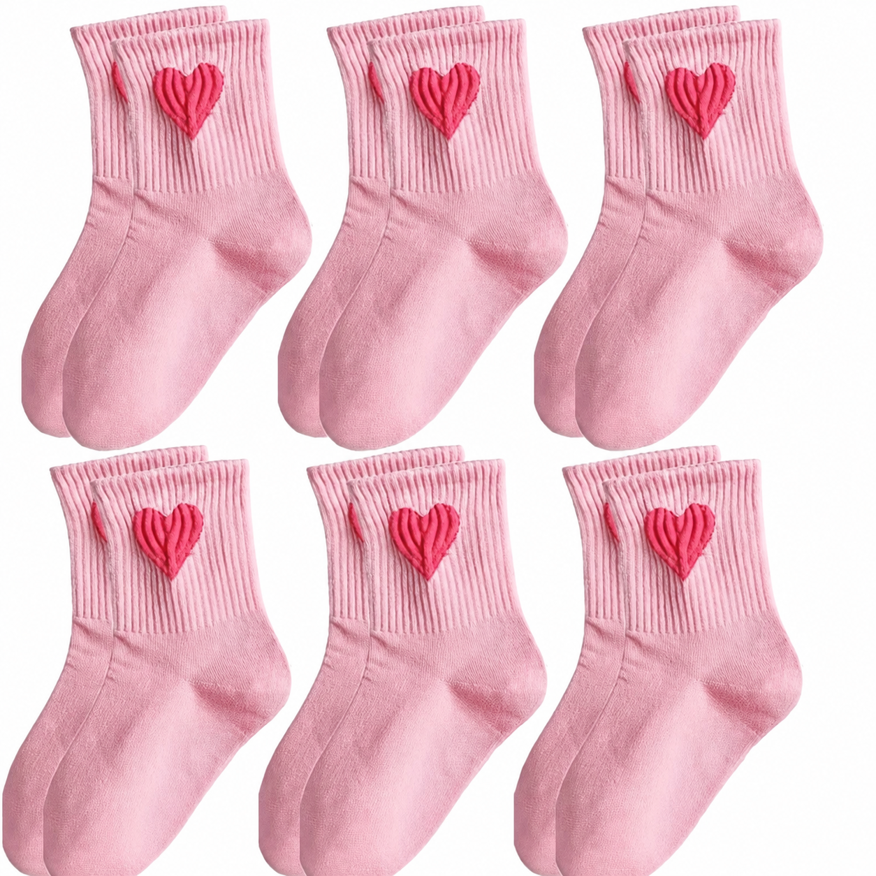 Girls' Pink Ankle Socks with Red Heart Pattern, Cute Mid-Calf Style, 6 Pairs