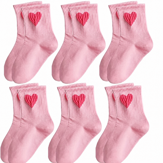 Girls' Pink Ankle Socks with Red Heart Pattern, Cute Mid-Calf Style, 6 Pairs