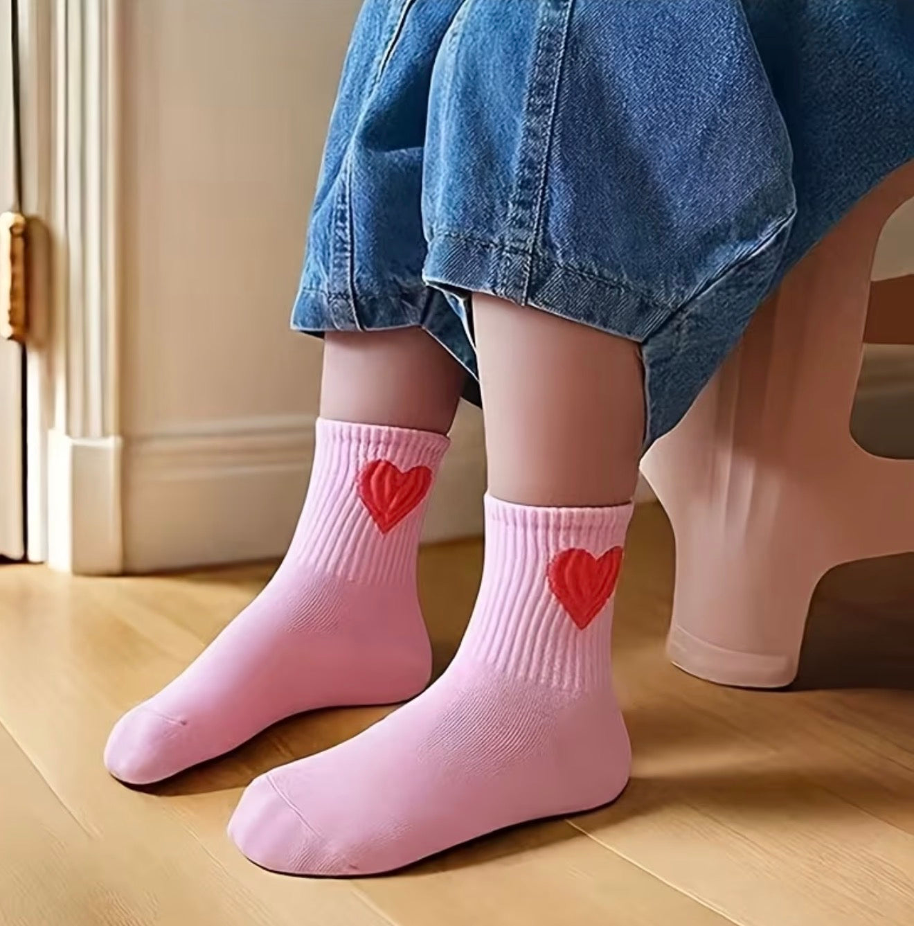 Girls' Pink Ankle Socks with Red Heart Pattern, Cute Mid-Calf Style, 6 Pairs