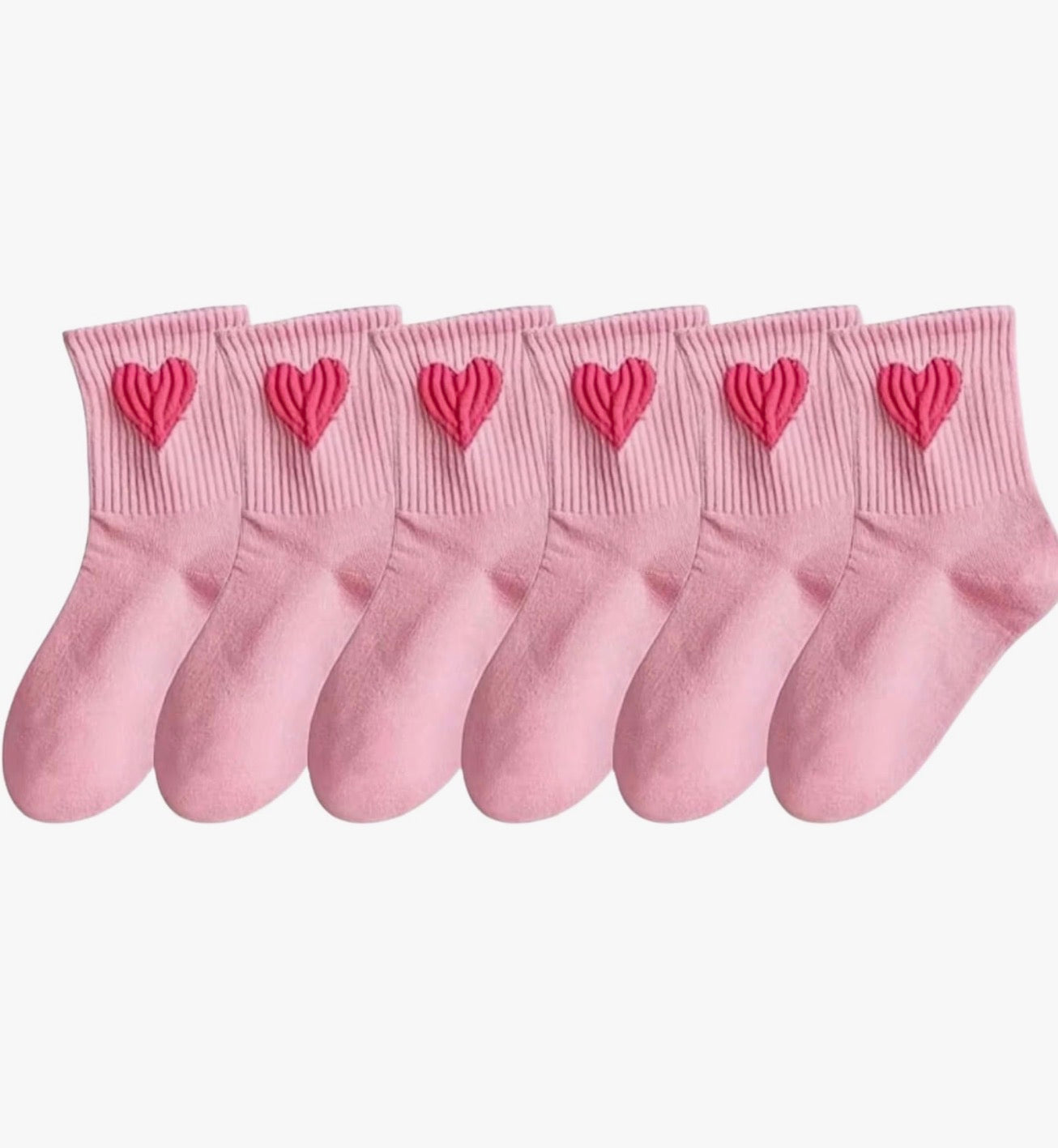 Girls' Pink Ankle Socks with Red Heart Pattern, Cute Mid-Calf Style, 6 Pairs