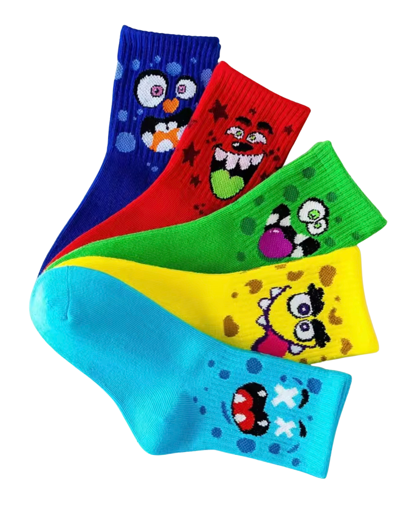 Kids Funny Monster Face Crew Socks, Multicolor, 5 Pairs, Toddler Boys and Girls, All Season Sports Socks