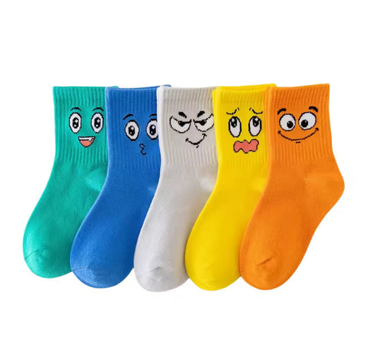 5 Pairs Kids Socks Emoticons Funny Face Pattern Comfortable Breathable Boys Girls Socks