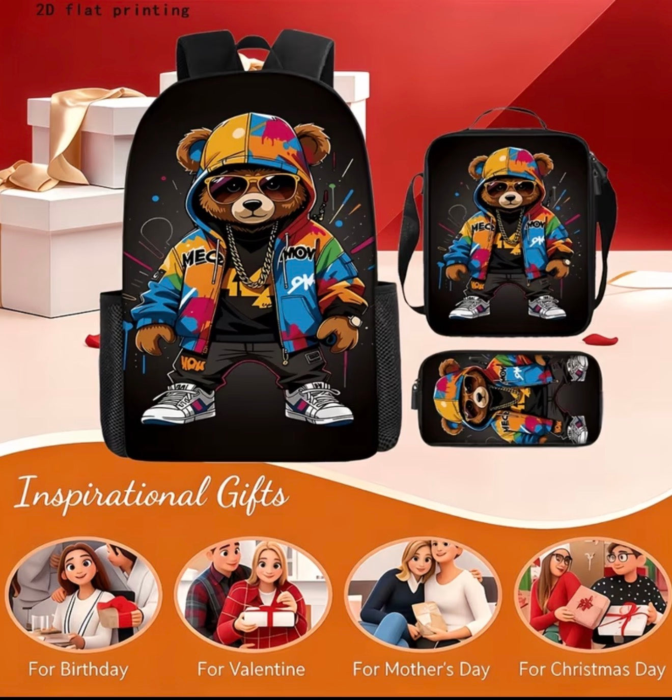 3pc Trendy Teddy bear backpack set
