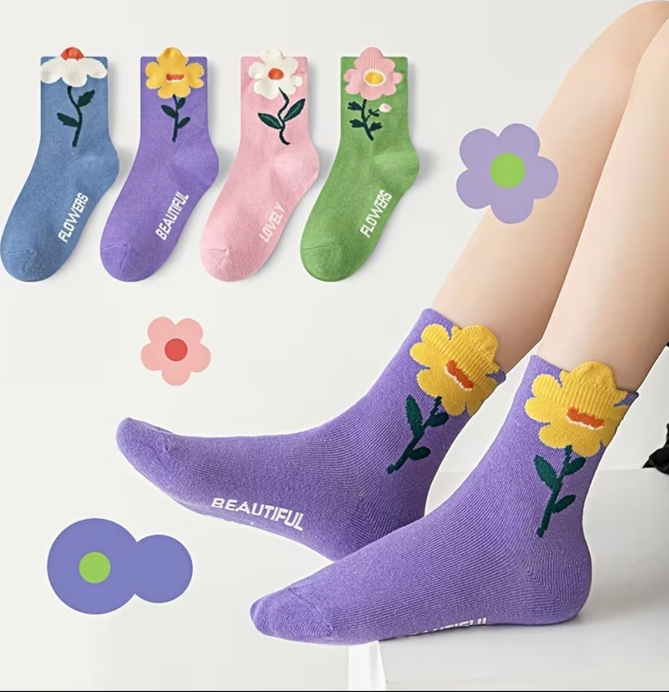 Girls Floral Mid-Calf Socks, 4 Pairs, All Seasons, Colorful Flower Design