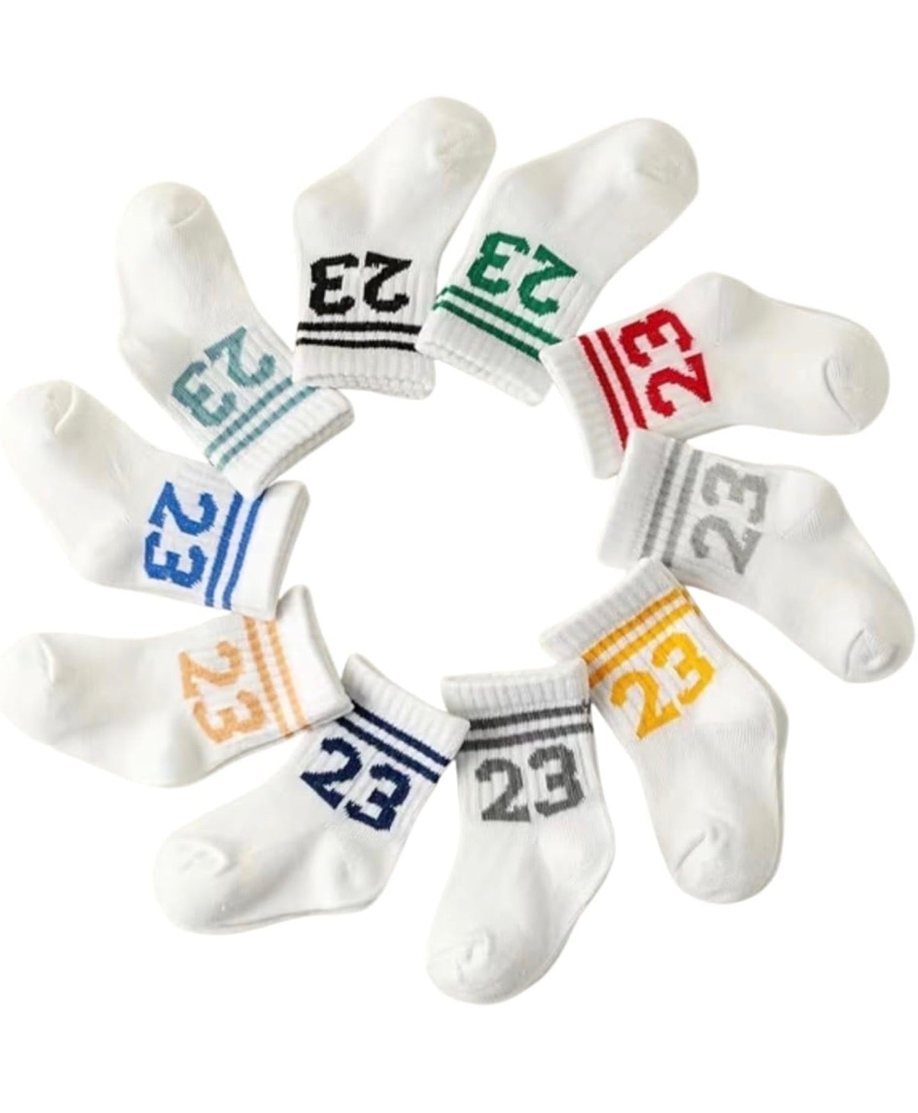 Kids' Number 23 Striped Crew Socks, White, Multicolor Accents, Casual Athletic Style, 10-Pack