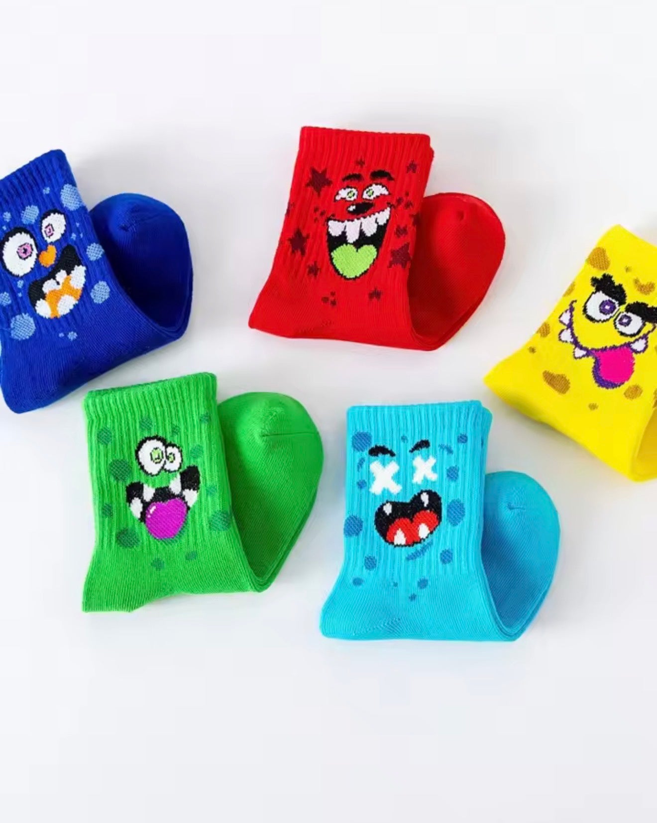 Kids Funny Monster Face Crew Socks, Multicolor, 5 Pairs, Toddler Boys and Girls, All Season Sports Socks