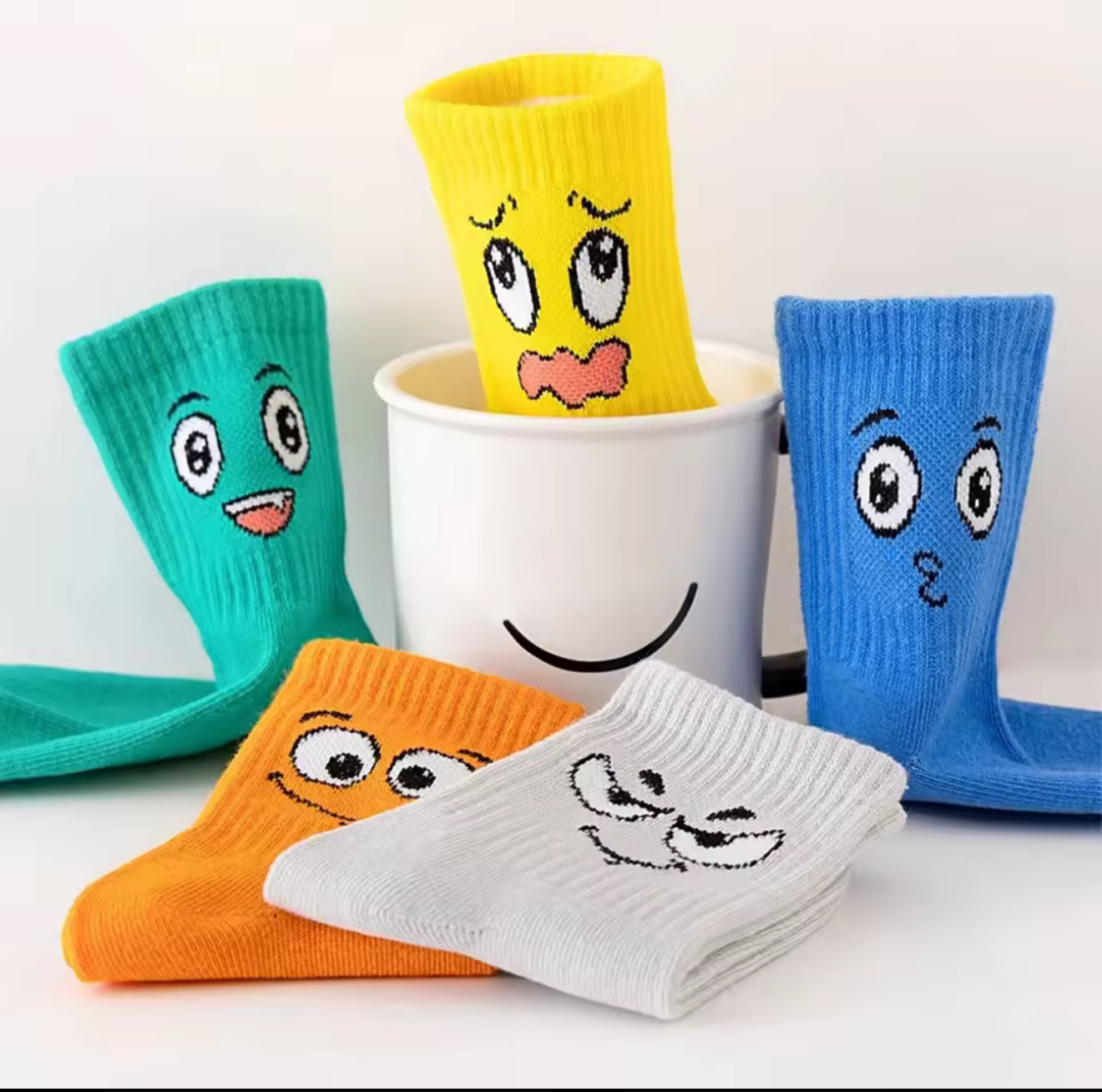 5 Pairs Kids Socks Emoticons Funny Face Pattern Comfortable Breathable Boys Girls Socks