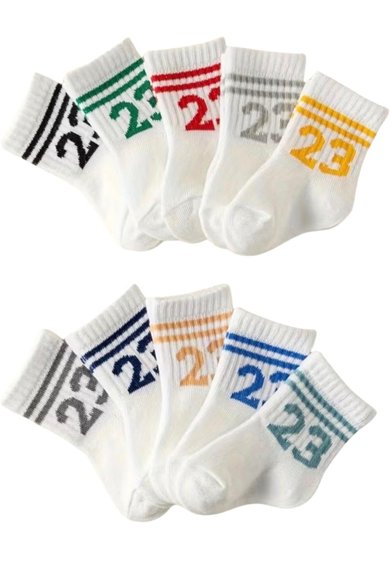 Kids' Number 23 Striped Crew Socks, White, Multicolor Accents, Casual Athletic Style, 10-Pack
