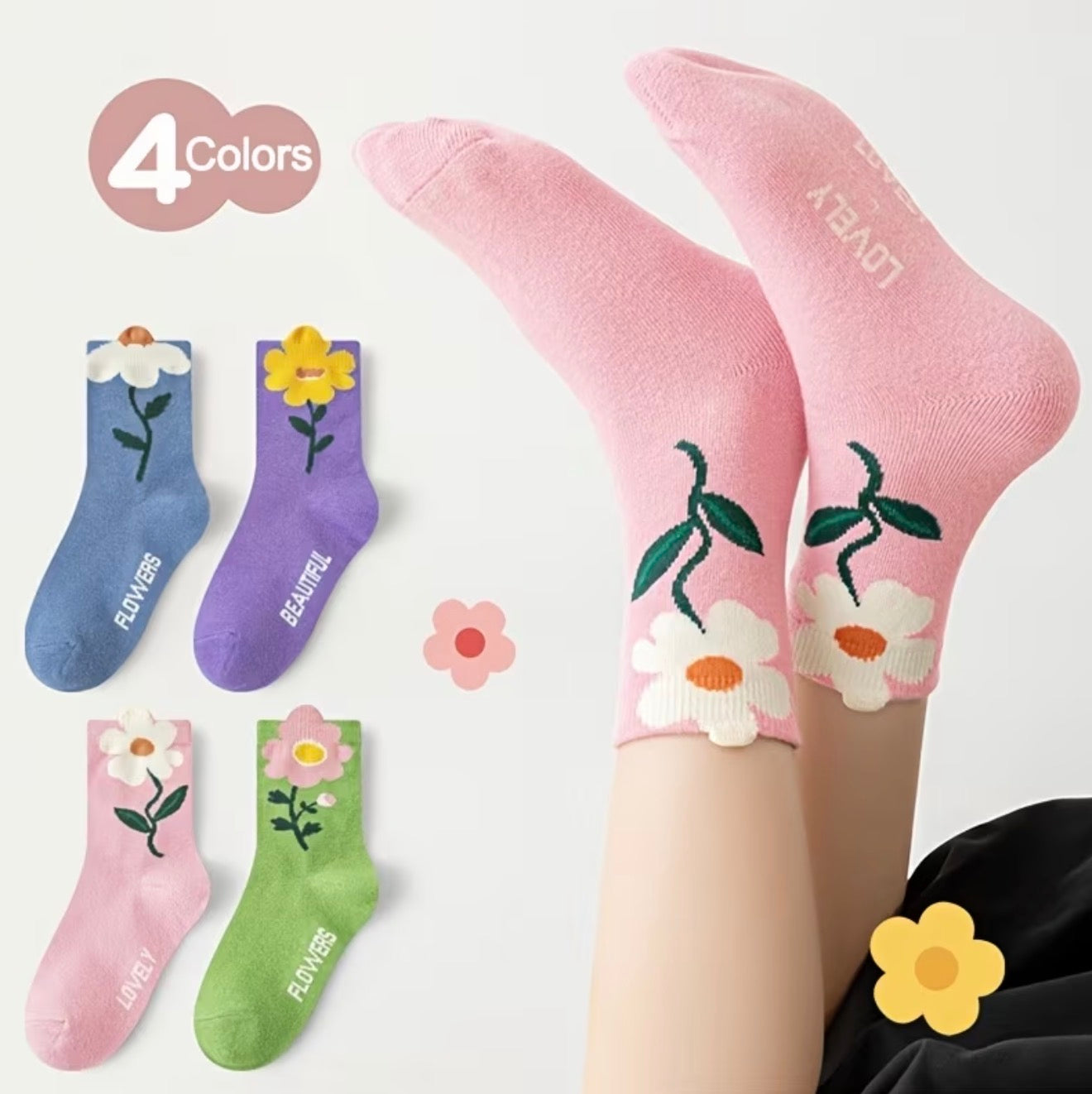 Girls Floral Mid-Calf Socks, 4 Pairs, All Seasons, Colorful Flower Design
