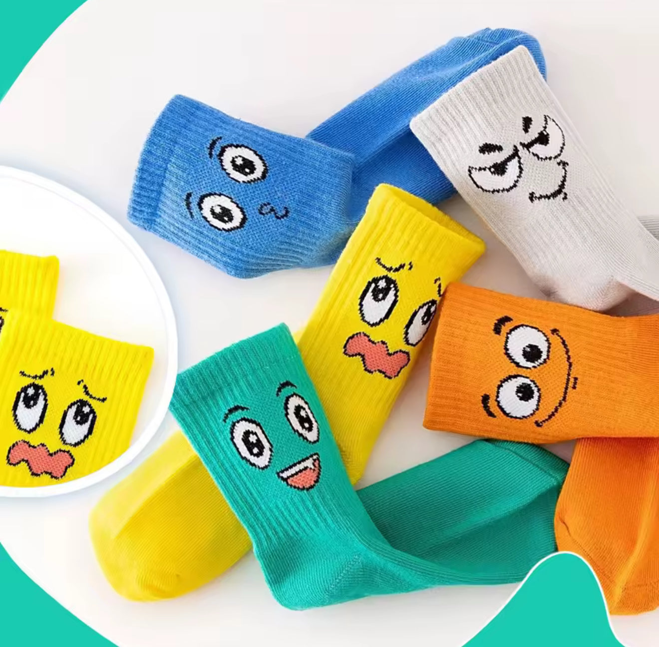 5 Pairs Kids Socks Emoticons Funny Face Pattern Comfortable Breathable Boys Girls Socks