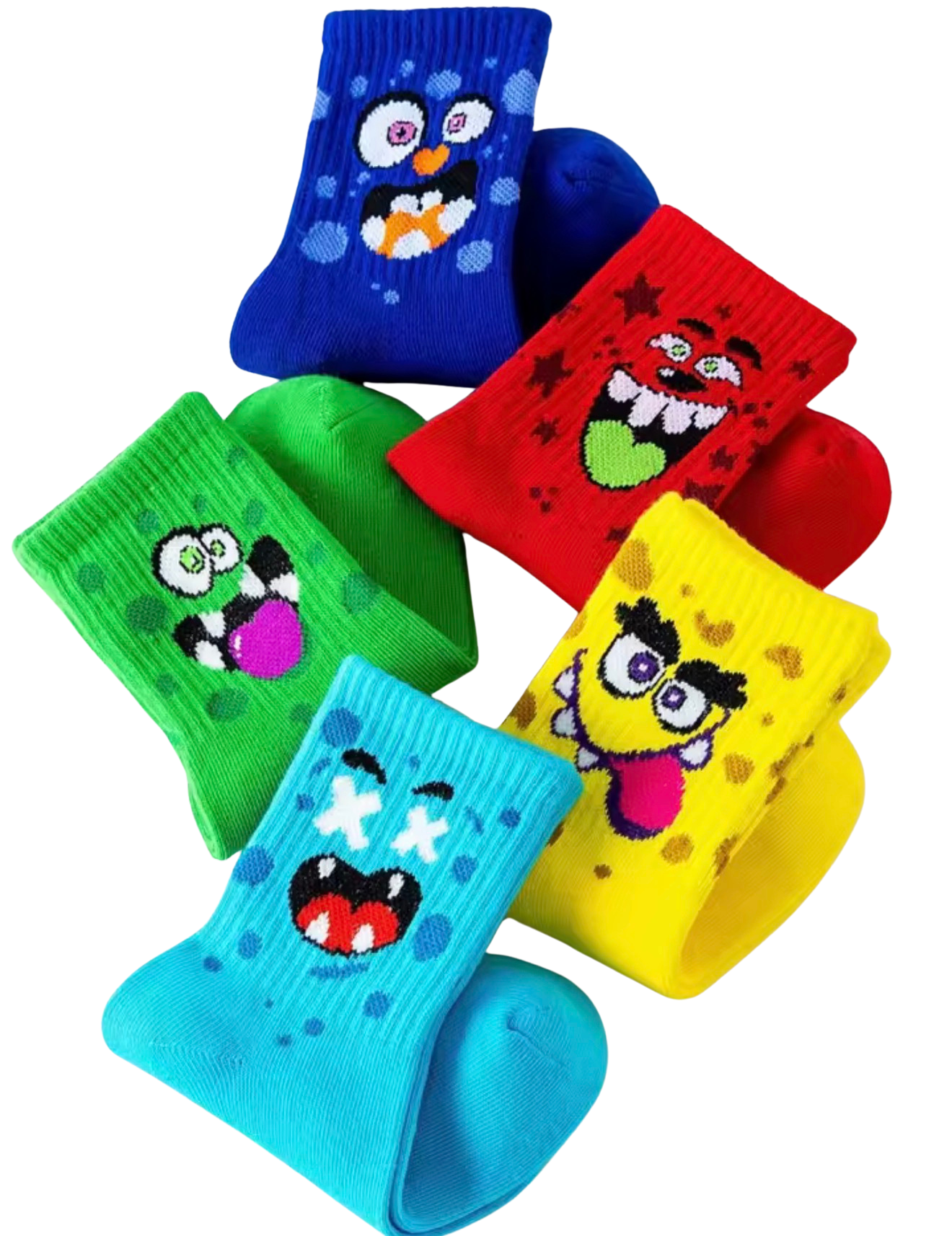 Kids Funny Monster Face Crew Socks, Multicolor, 5 Pairs, Toddler Boys and Girls, All Season Sports Socks