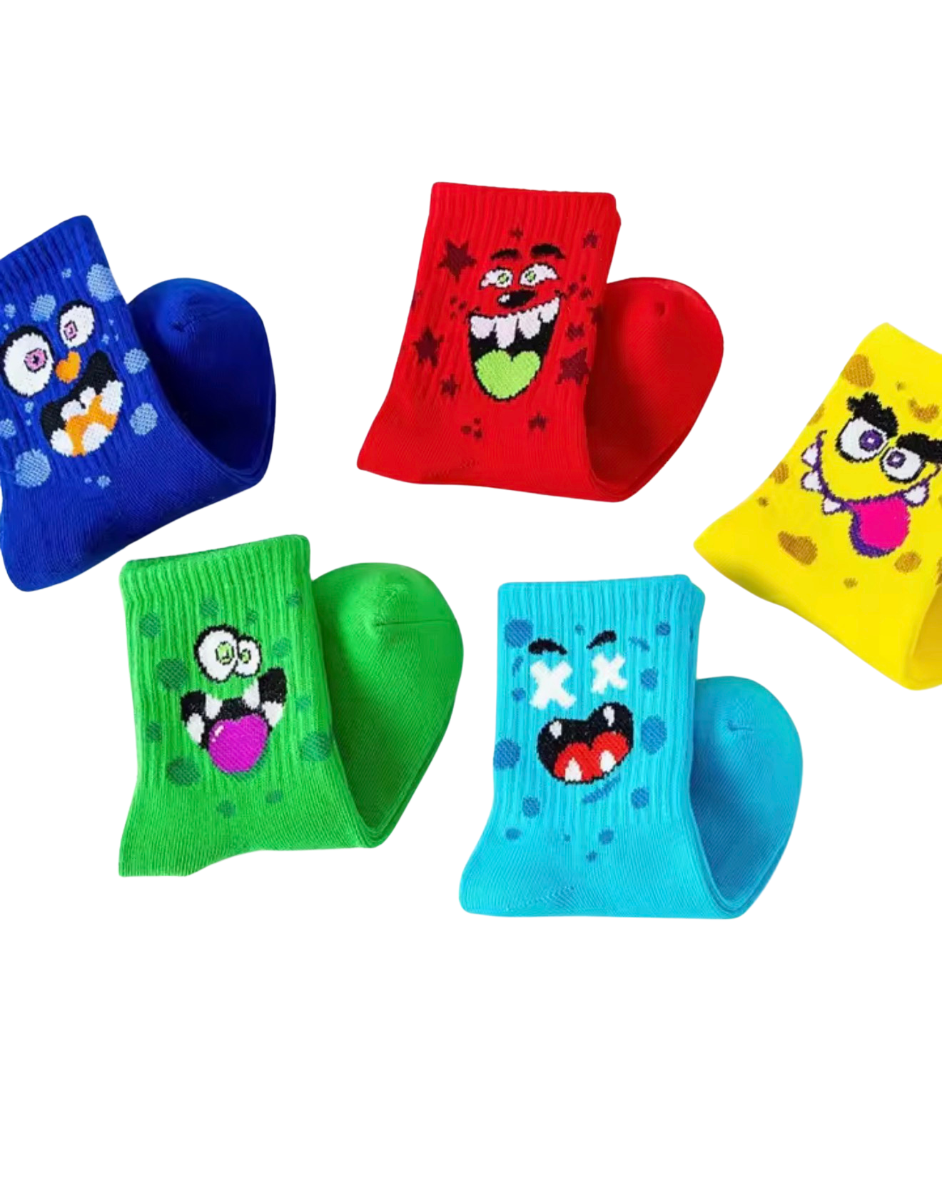 Kids Funny Monster Face Crew Socks, Multicolor, 5 Pairs, Toddler Boys and Girls, All Season Sports Socks