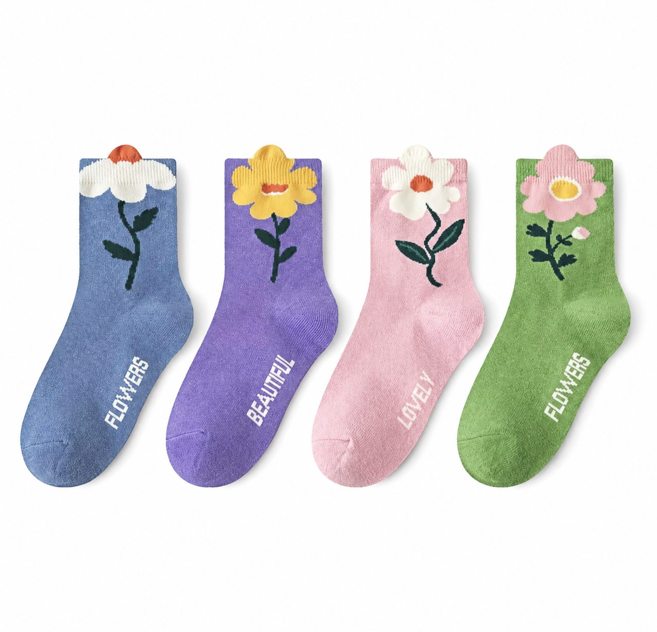 Girls Floral Mid-Calf Socks, 4 Pairs, All Seasons, Colorful Flower Design