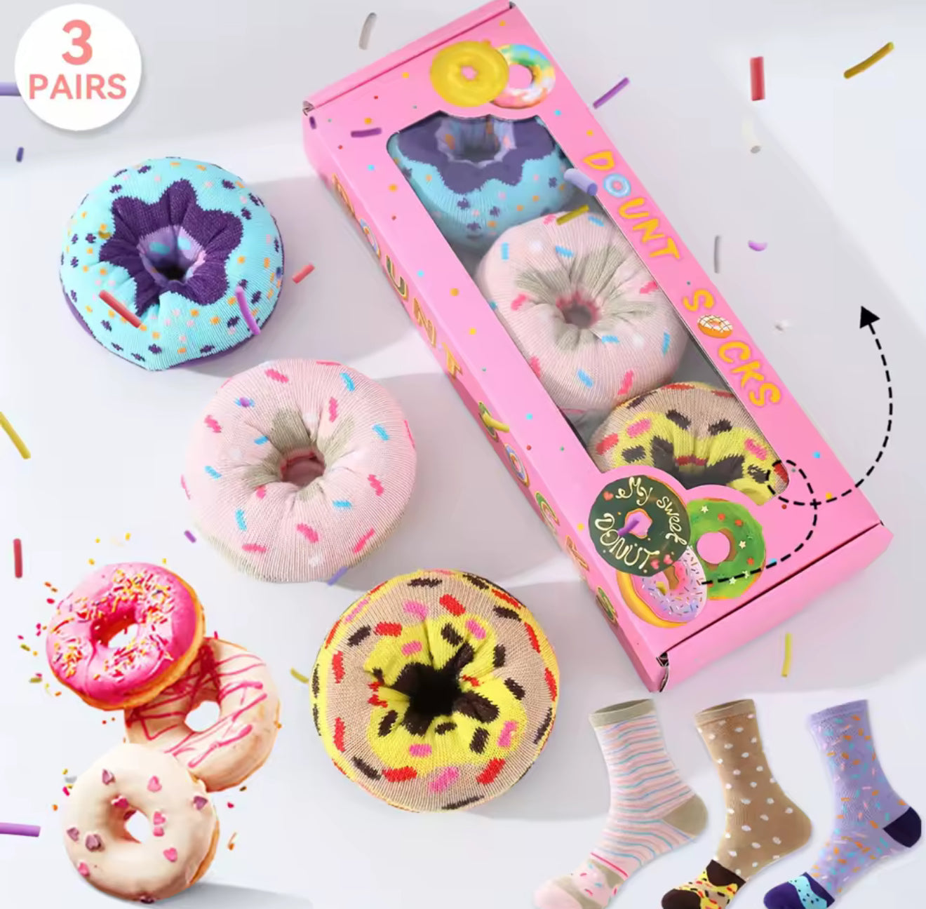 3pairs donut theme socks