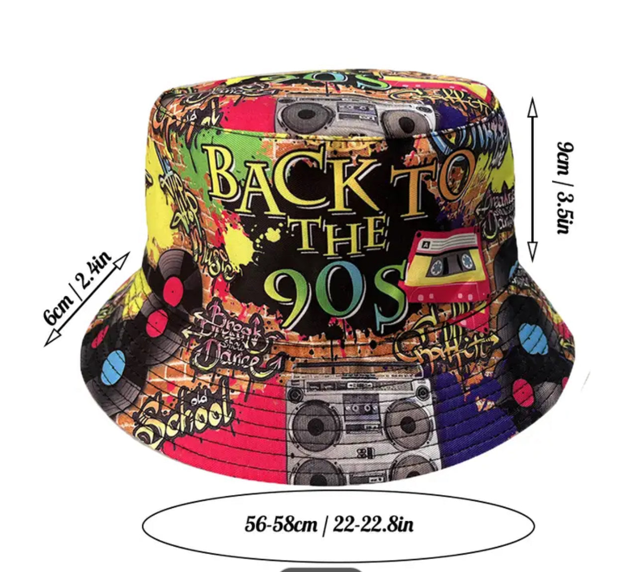 Lightweight Polyester Bucket Hat with Reversible Graffiti Print for Men and Women Retro Disco Party Fisherman Cap 80's and 90's