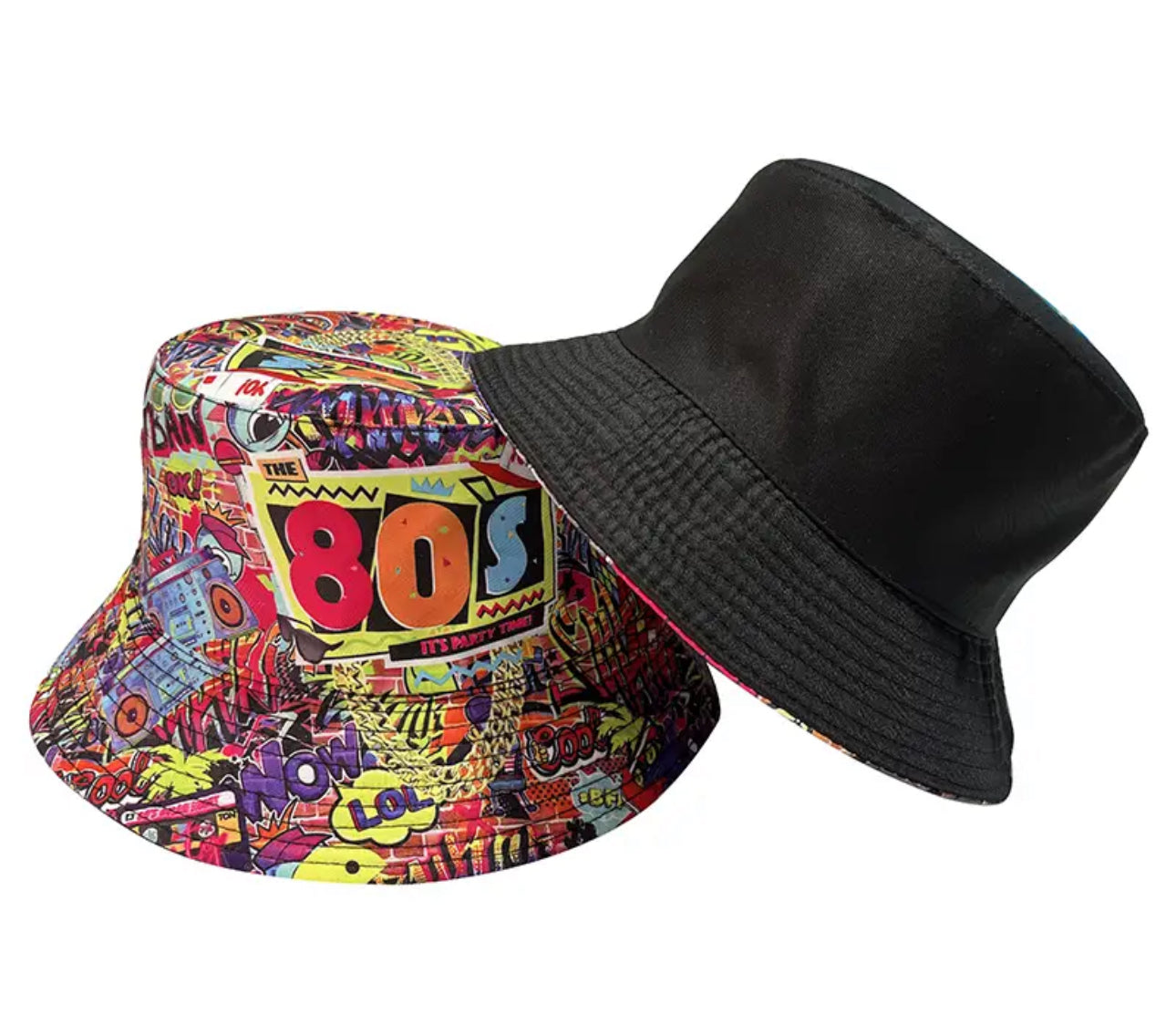 Lightweight Polyester Bucket Hat with Reversible Graffiti Print for Men and Women Retro Disco Party Fisherman Cap 80's and 90's