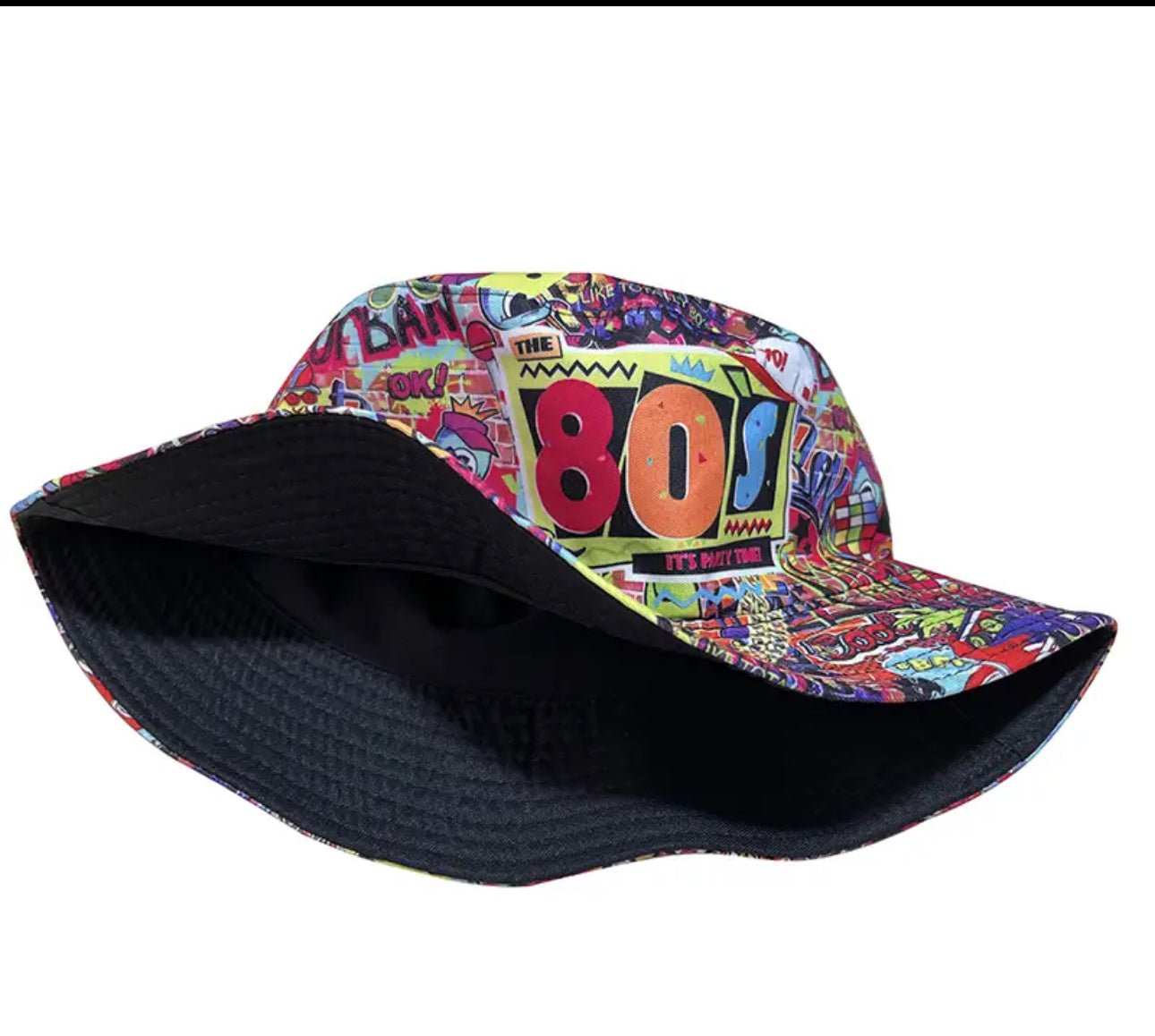 Lightweight Polyester Bucket Hat with Reversible Graffiti Print for Men and Women Retro Disco Party Fisherman Cap 80's and 90's