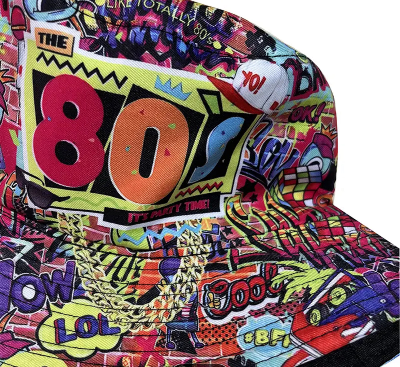 Lightweight Polyester Bucket Hat with Reversible Graffiti Print for Men and Women Retro Disco Party Fisherman Cap 80's and 90's