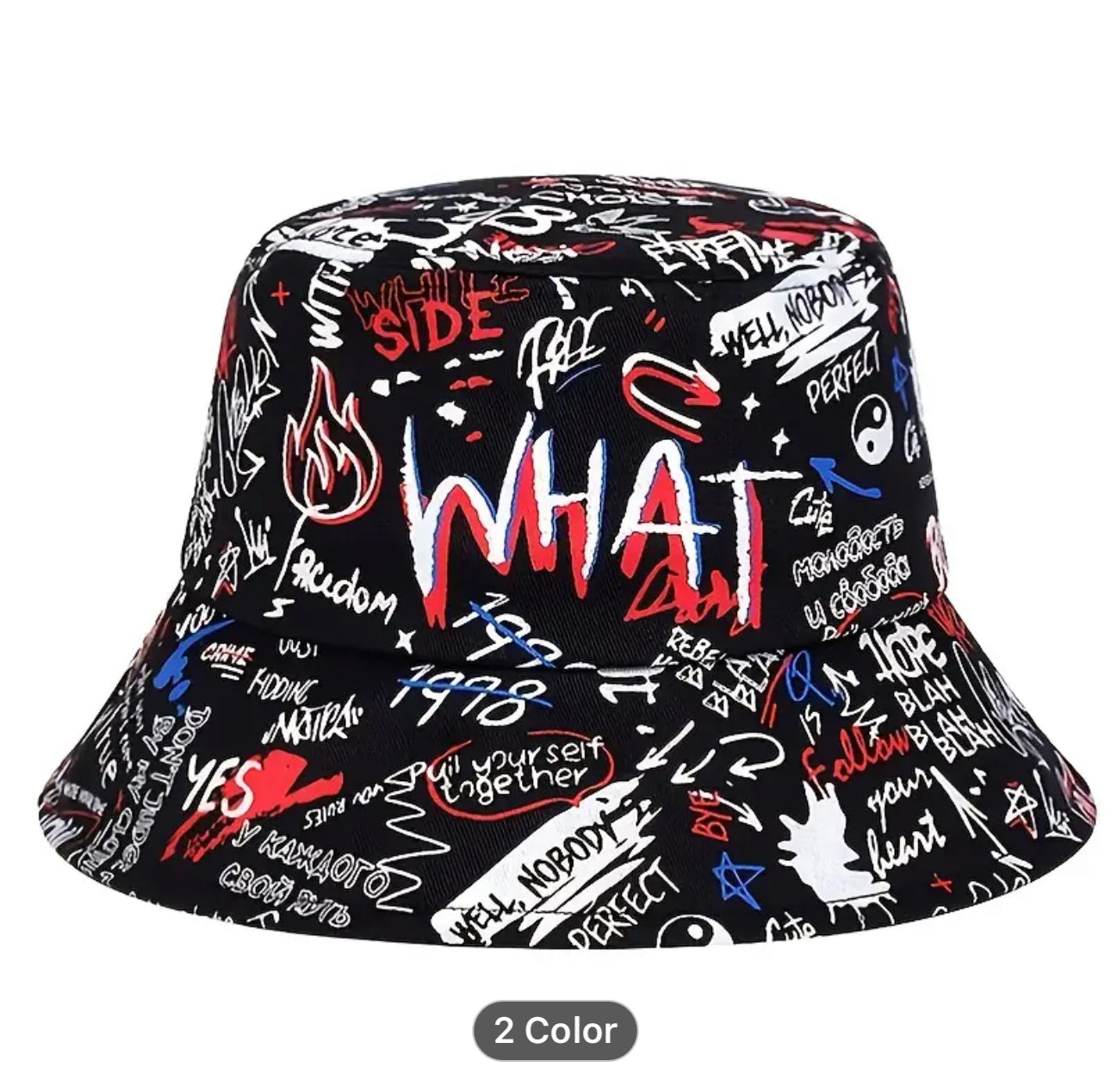 Men's Street Style Bucket Hat - Colored Graffiti Print Hip Hop Fashion-Summer Accessory available in black and white