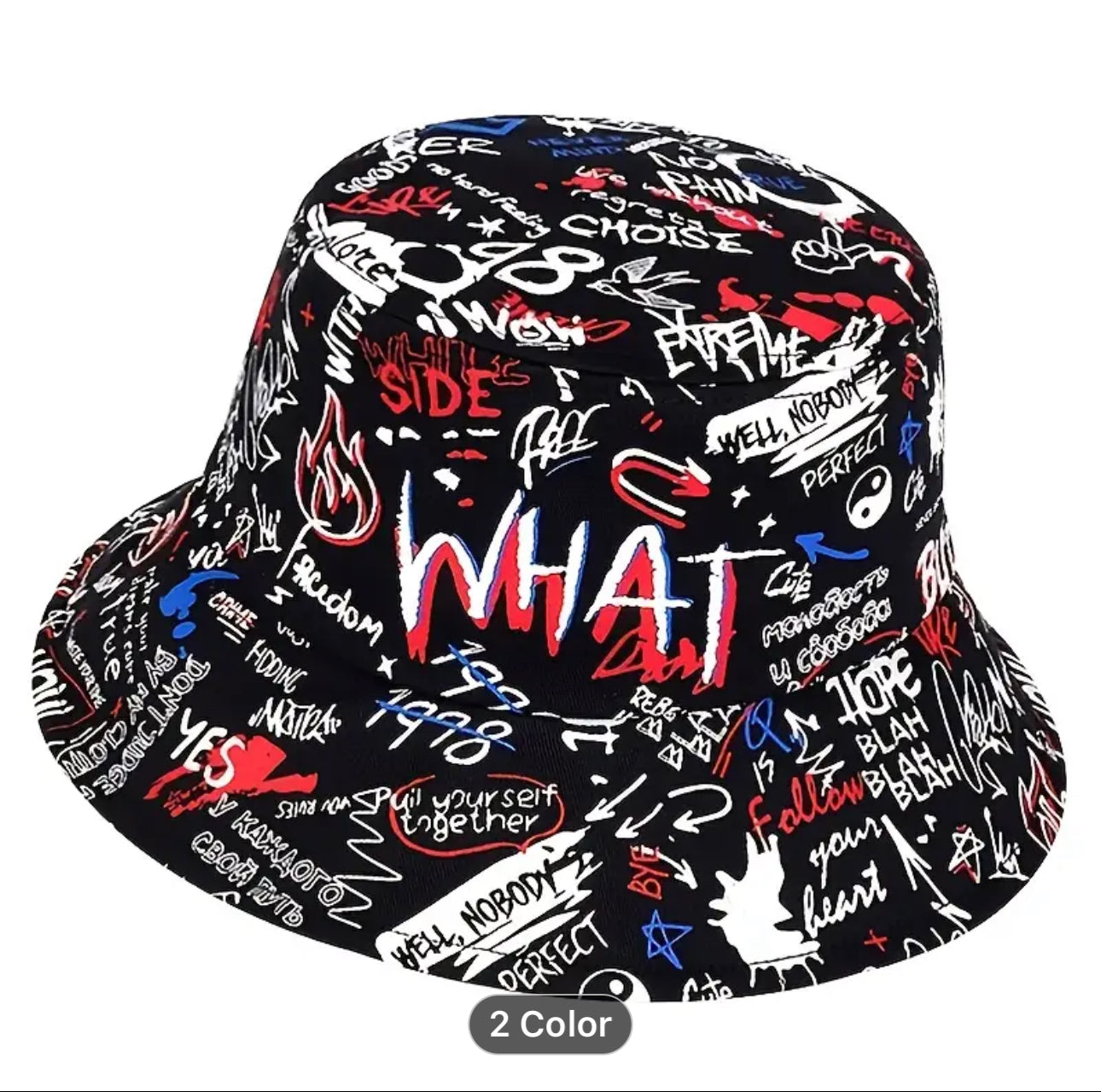 Men's Street Style Bucket Hat - Colored Graffiti Print Hip Hop Fashion-Summer Accessory available in black and white
